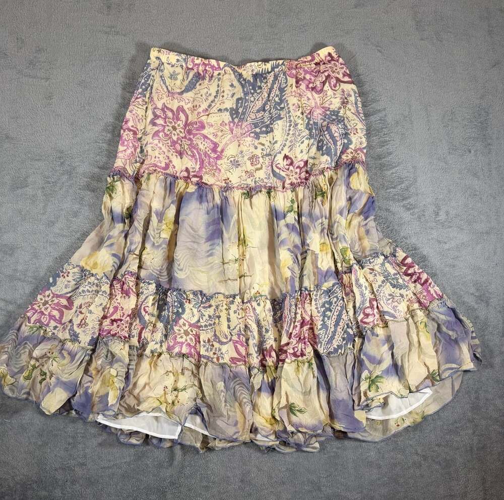 Cabi Silk Tiered Midi Skirt Size L Floral Paisley Boho Peasant